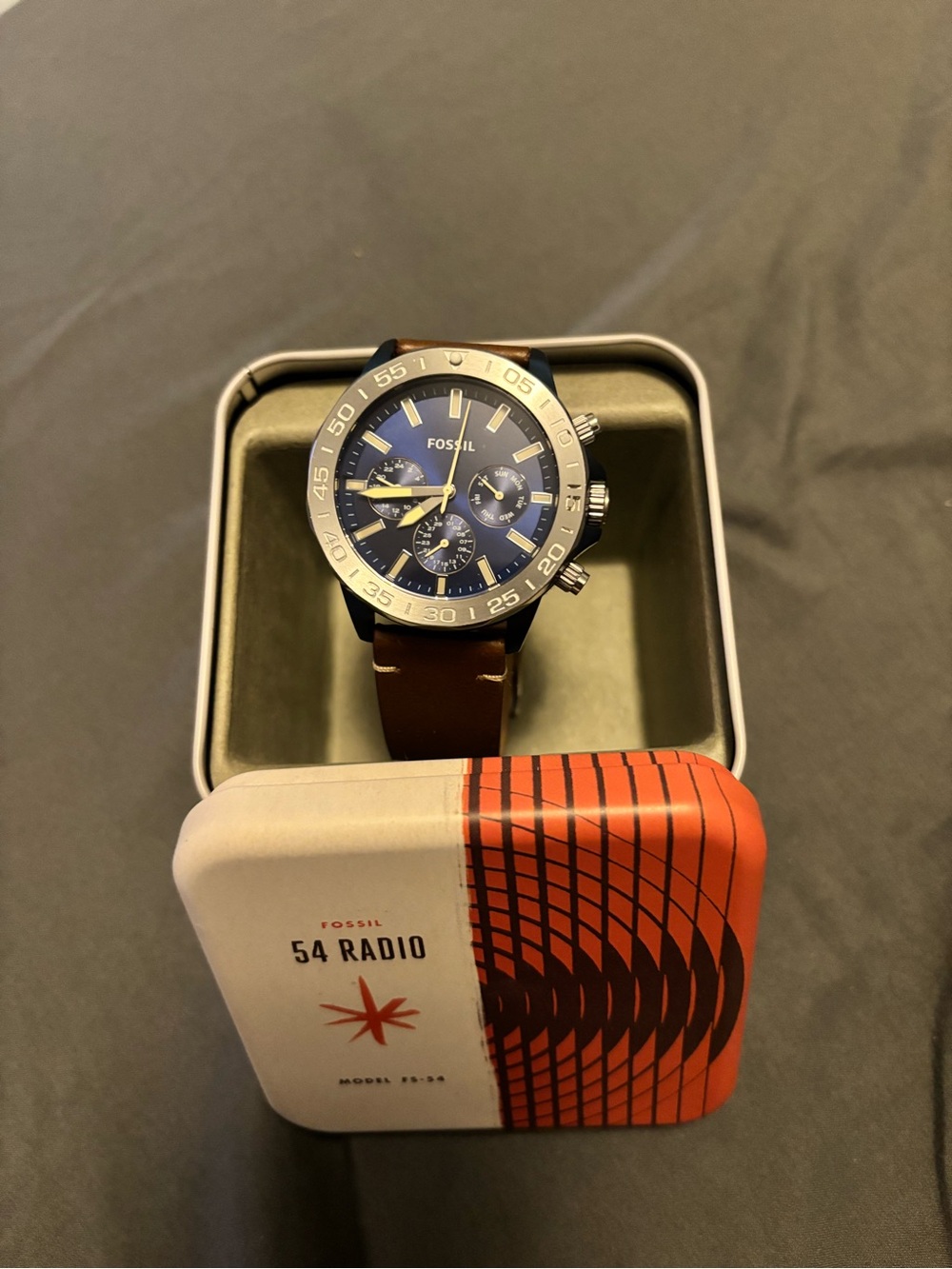 Fossil Blue Dial Watch with Brown Leather Strap